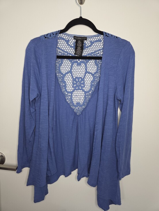 Design History Sweaters - Design History Y2K Women's Juniors Size Large Blue Floral Crochet Back Cardigan